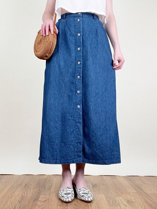 Vintage Dresses & Skirts - Vintage 90s Y2K Maxi Skirt 100% Cotton Denim High Rise Waist Button Down Up Boho